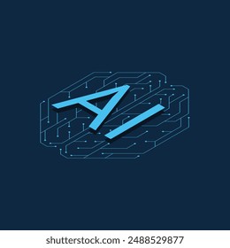 Artificial intelligence (AI) with abstract circuit board in the shape of a human brain on dark blue background. Isometric vector illustration