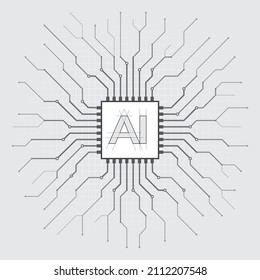 Artificial intelligence, AI. Abstract processor, computer digital chip, printed circuit board. Technology background, template, design element banner. Sketch style, drawing. Vector cyber graphics