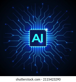 Artificial intelligence, ai. Abstract processor, computer digital chip, printed circuit board. Dark blue technology background, template, design element for web banner, poster. Vector cyber graphics