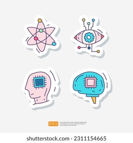 Artificial intelligence AI algorithm filter analysis, retina recognition, circuit board brains chip. data engineering, brainstorming. Hand drawn doodle sticker icon set vector illustration