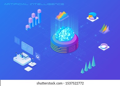 Artificial Intelligence AI analyses Big Data Isometric Flat vector illustration concept.