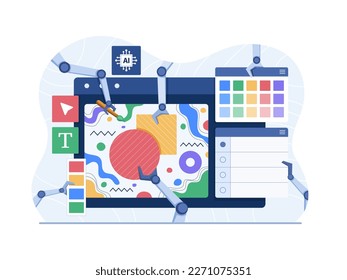 Artificial intelligence (AI) automation quickly generate designs.
An illustration depicting artificial intelligence depicted by automated robotic hands designing a design quickly.