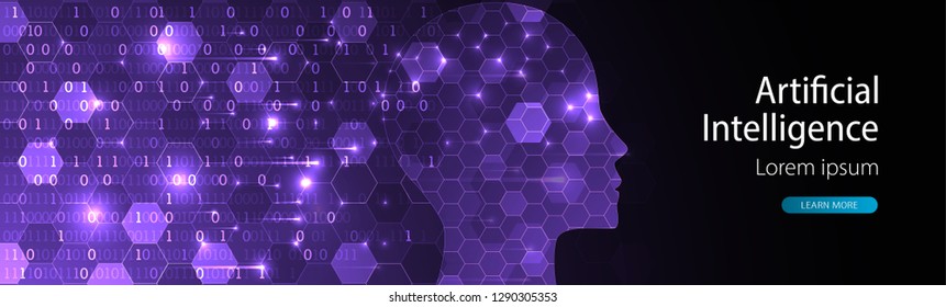 Artificial intelligence (AI) and big data concept. Machine cyber mind.  Humen face with binary data flow. Technology vector background. 