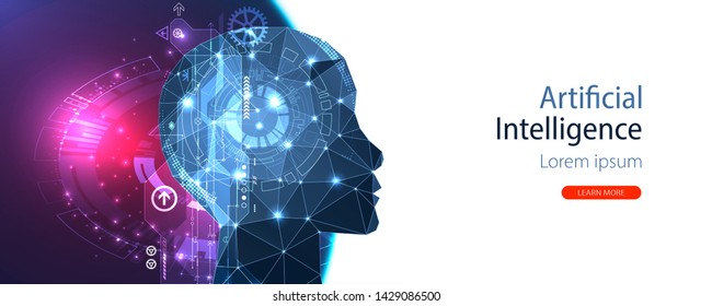 Artificial intelligence (AI) and big data concept. Machine cyber mind.  Humen face with binary data flow. Technology vector background.