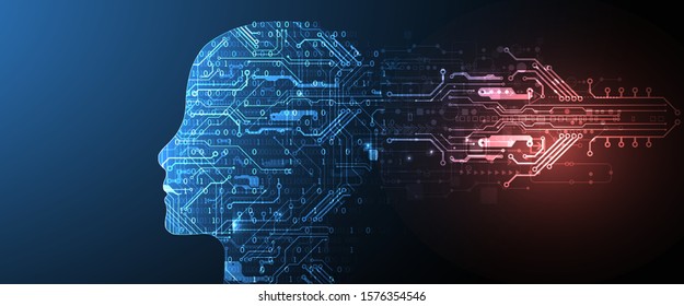 Artificial intelligence (AI) and big data concept. Machine cyber mind.  Humen face with binary data flow. Technology vector background.