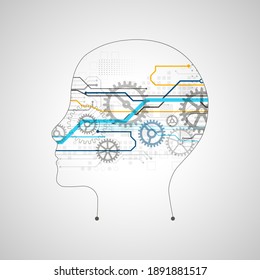 Artificial intelligence (AI) and big data concept. Machine cyber mind. Humen face with binary data flow. Technology vector background.