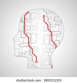 Artificial intelligence (AI) and big data concept. Machine cyber mind. Humen face with binary data flow. Technology vector background.