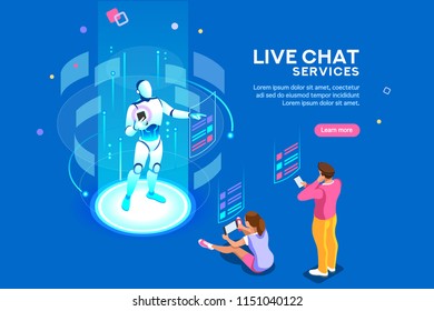 Artificial intelligence, ai for business. Iot concept, mans and women a chat bot dialog. Messenger application, virtual service of robot for social media. Flat Isometric characters vector illustration