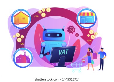 Artificial intelligence, ai calculating taxation multiplier. Value added tax system, VAT number validation, global taxation control concept. Bright vibrant violet vector isolated illustration