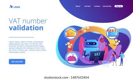 Inteligencia artificial, es calcular multiplicador tributario. Sistema de impuesto sobre el valor añadido, validación del número de IVA, concepto de control fiscal global. Plantilla de página web de inicio de página de inicio del sitio web.