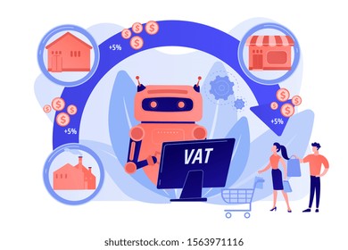 Artificial intelligence, ai calculating taxation multiplier. Value added tax system, VAT number validation, global taxation control concept. Pinkish coral bluevector isolated illustration