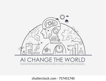 Artificial intelligence (AI) change the world concept, machine and deep learning, cloud computing, neural networks and printed circuit board (PCB). Vector line flat design to poster.