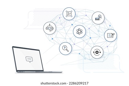 artificial intelligence AI chat technology illustration. side view laptop computer with digital brain background