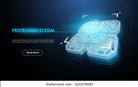 Artificial Intelligence AI chip. CPU concept with futuristic HUD elements. Futuristic microchip processor with biometric id element.