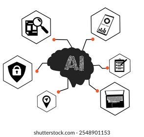 Artificial Intelligence AI Chip in Human Brain Creative vector illustration. technology, AI, data transfer, generative ai, large language model, ai brain background