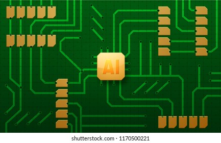 An artificial intelligence (AI) chip is inserted in a computer circuit board. Machine learning concept.