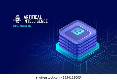 Artificial intelligence, AI chipset on circuit board. Isometric Vector Landing Page for AI, Deep Learning, Machine Learning, and Technological Digital Brain Concepts