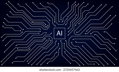 Layout der AI-Platine mit künstlicher Intelligenz auf dunklem Hintergrund. Digitale Technologie und Prozessorkonzept. Vektor eps10.