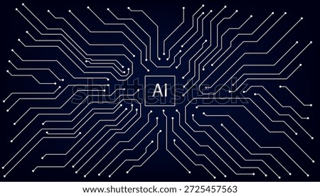 Artificial Intelligence AI circuit board layout on dark background. Digital technology and processor concept. Vector eps10.