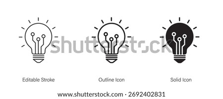 Artificial intelligence AI circuit and light bulb icon. Creative solutions, technological progress, and future innovations. Icon element for app and web. Vector illustration. Editable stroke.