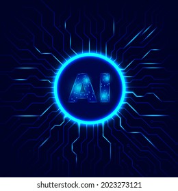 Artificial intelligence (AI) with circuit text design.Abstract technology background and circuit concept.Blue technology.  