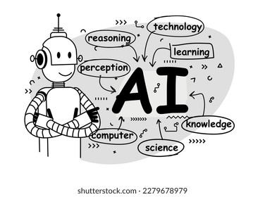 Artificial Intelligence, ai, computer science, knowledge, reasoning, technology, perception, learning, Illustration for presentations. Simple vector black-and-white sketch or illustration.