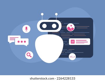 Artificial intelligence AI concept. Advanced deep learning technologies, data mining. AI code writing, communication, article creation, and creating graphic design illustration using neural networks