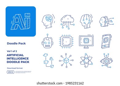 Artificial intelligence AI concept with circuit board data and brains chip for engineering, development, brainstorming. Hand drawn doodle icons set vector outline style vector illustration