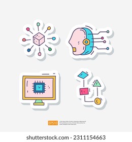 Artificial intelligence AI concept with circuit board data, android robot and brains chip for engineering, development, brainstorming sign. Hand drawn doodle sticker icon set vector illustration