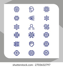Artificial intelligence ai concept icons collection. featuring microchips, processors, and brain symbols for modern technology solutions.