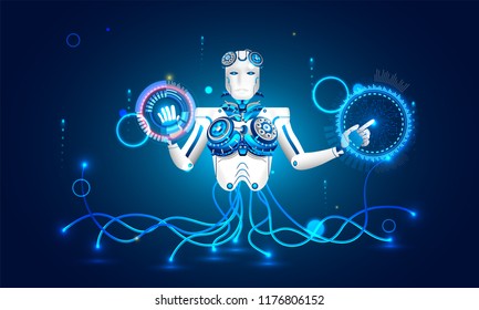Concepto de Inteligencia Artificial (AI), ilustración de robot humanoide trabajando con pantalla de interfaz HUD virtual en fondo azul.
