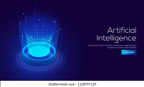 Artificial Intelligence (AI) Concept Responsive Landing Page Or Web Template With 3D Isometric Illustration Of Digital Light Ball Between Emerging Rays.