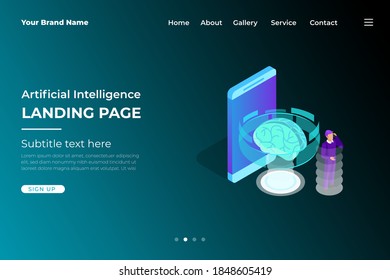 Página de inicio o plantilla web con respuesta al concepto de Inteligencia Artificial (AI) con ilustración isométrica 3D. 
