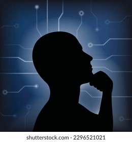 Künstliche Intelligenz. AI-Konzept. Silhouette Denken auf dem Hintergrund von Schaltkreisen, Vektorgrafik. Chat-Bots. Technologieentwicklung.