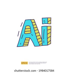 Icono de logotipo de texto de inteligencia artificial AI concepto para ingeniería, desarrollo, signo de lluvia de ideas. Iconos de doodle dibujados a mano ilustración vectorial