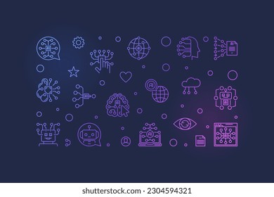 Artificial Intelligence AI concept vector horizontal outline colorful banner or illustration on dark background