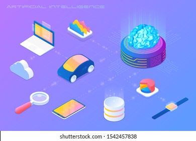 Artificial Intelligence AI controls Devices Isometric Flat vector illustration concept.