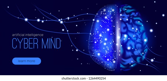 Artificial Intelligence (AI), Cyber Mind and Machine Learning. Big Data Analysis, Human Brain Study. Cyber Technology, Science Innovation. Neural Connect Concept. Virtual Mind, Artificial Intellect.