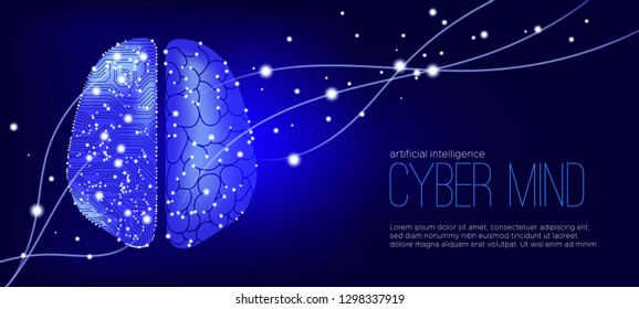 Artificial Intelligence (AI), Cyber Mind and Machine Learning. Big Data Analysis, Human Brain Study. Cyber Technology, Science Innovation. Neural Connect Concept. Virtual Mind, Artificial Intellect.