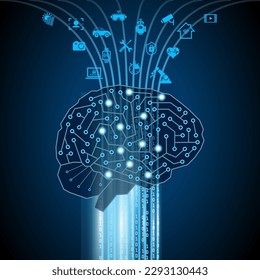 Artificial Intelligence (AI) - Cyber science illustration with an information analysis computer brain traversed by a stream of binary code data symbolized by pictograms.