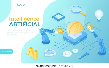 Artificial Intelligence AI, Digital brain, Artificial thinking process. Future technology, Machine learning, Smart brain computer, Neural networks. Isometric vector illustration for website.