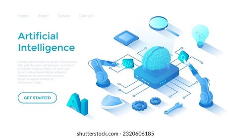 Artificial Intelligence AI, Digital brain, Artificial thinking process. Future technology, Machine learning, Smart brain computer, Neural networks. Landing page template for web on white background.