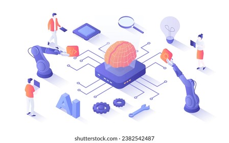 Artificial Intelligence AI, Digital brain, Artificial thinking process. Future technology, Machine learning, Smart brain computer, Neural networks. Isometry illustration with people scene for web