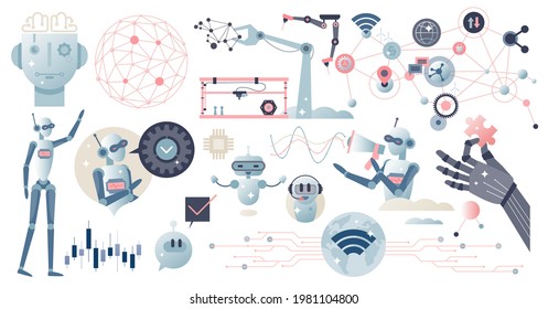 Artificial intelligence or AI with digital robots tiny person collection set. Technology items with deep learning, cyberspace engineering and neural tech development elements vector illustration.