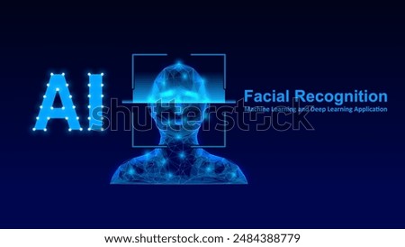 Artificial Intelligence AI Facial Recognition Scanning Concepts. 3D Head in Glowing Polygon, Grid and Wireframe Technology Vector.