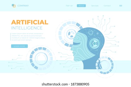 Inteligencia Artificial AI, Tecnología Futura, Cerebro Digital, Aprendizaje de Máquinas, Minas de Datos. Cabeza de robot con cara humana, redes neuronales. Puede usarse para banner web, página de inicio, web.