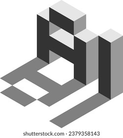 Künstliche Intelligenz AI Futuristic Technology 3D Stil Voxel Art Text Design Gray Monochrome Symbol mit Schatteneffekt in ironischer Perspektive. Vektorbild.