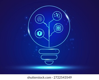 Inteligencia artificial (IA) con la Tecnología futurista de la IA Líneas brillantes de la bombilla en el centro en el concepto de diseño de Vector de tecnología futura de fondo azul oscuro. Tecnología de IA para tecnología avanzada