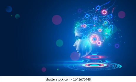 Artificial intelligence. AI head with neural network brain hanging over virtual digital podium. Wise female face in cyberspace. Machine learning. Mind of cyborg or robot in vr reality. Future concept