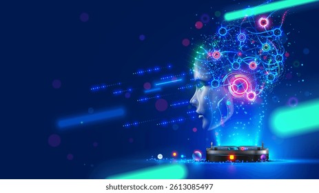 Artificial intelligence. AI head with neural network brain hanging over virtual digital podium. Wise female face in cyberspace. Machine learning. Mind of cyborg or robot in vr reality. Future concept